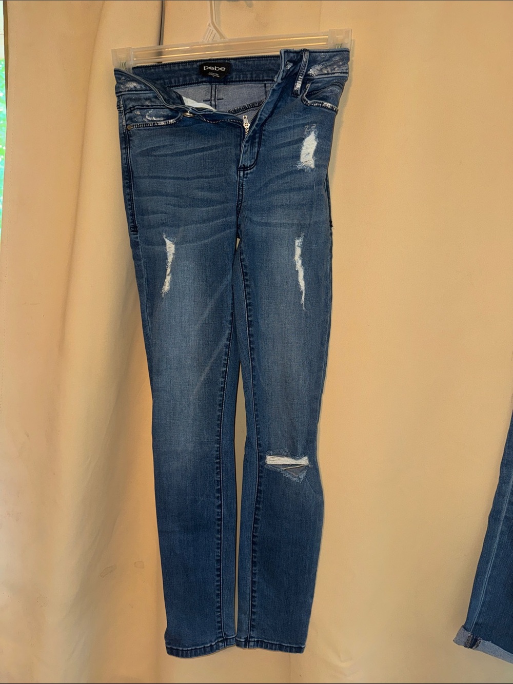 bebe Slim Distressed Skinny Jeans in Dark Blue
